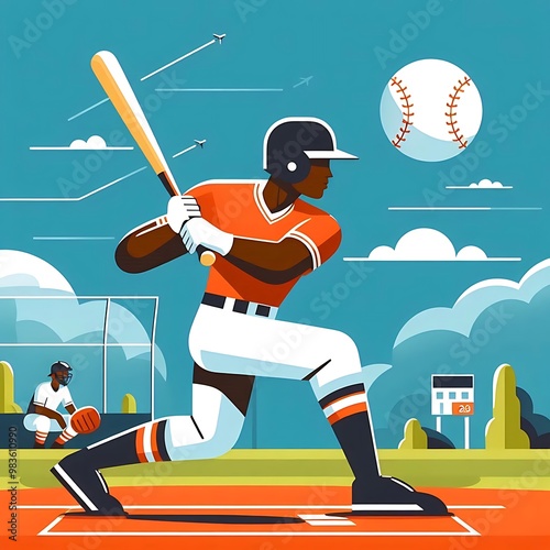 baseball player. flat design illustration of man playing baseball