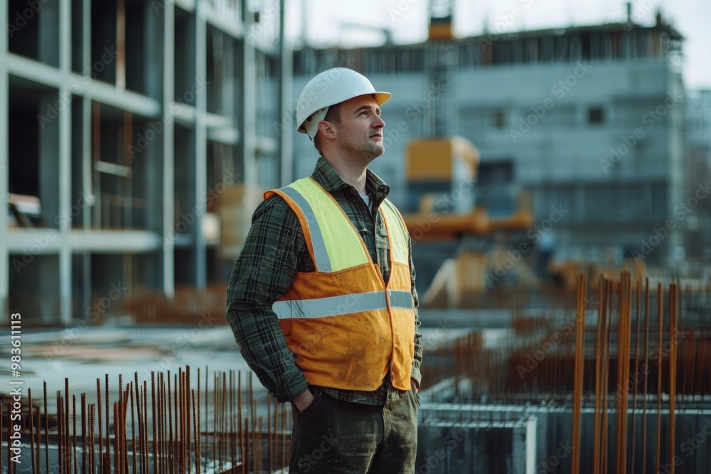 Fototapeta premium Construction Worker at Building Site with Safety Gear