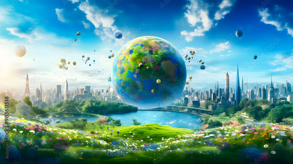 A miniature Earth with urban cities rising from green landscapes. Concept of global warming, climate change, and environmental issues. Perfect for eco-friendly, science, and technology A miniature Earth with urban cities rising from green landscapes. Concept of global warming, climate change, and environmental issues. Perfect for eco-friendly, science, and technology