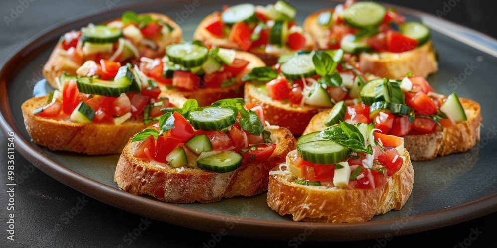 Savory bruschetta garnished with cheese, tomatoes, and cucumbers, elegantly presented on a dish.