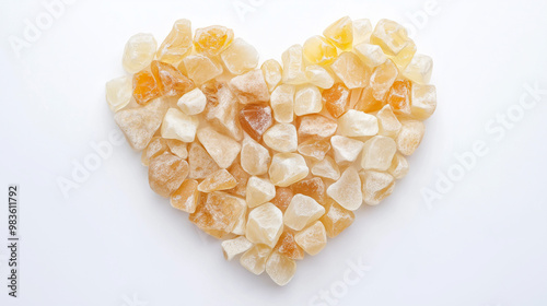 a top-down shot of benzoin resin arranged in a heart shape on a white background photo