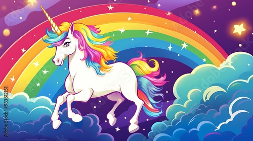 A colorful unicorn prancing among clouds and a rainbow backdrop. photo