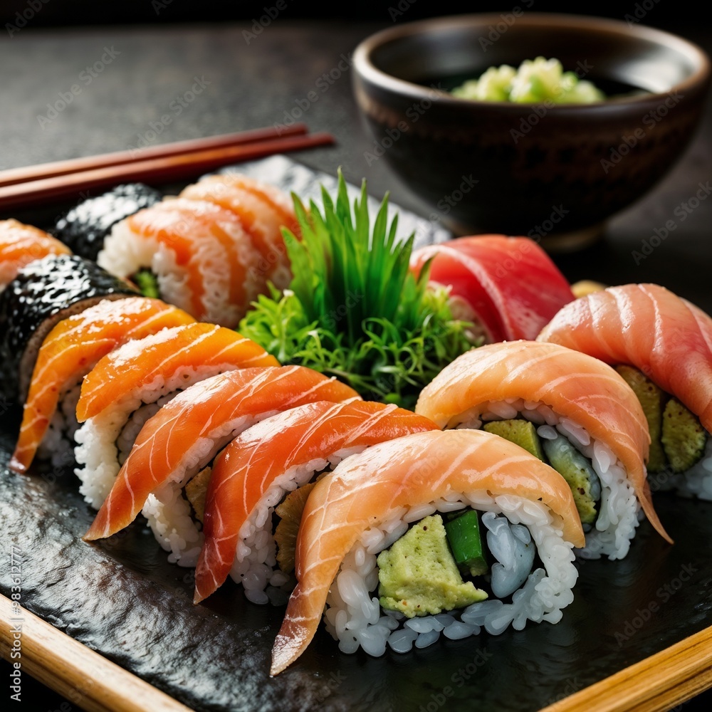 Fresh Salmon Sushi Rolls with Wasabi