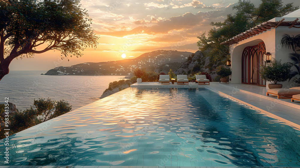 Infinity Pool and Sunset over the Sea - 3D Illustration