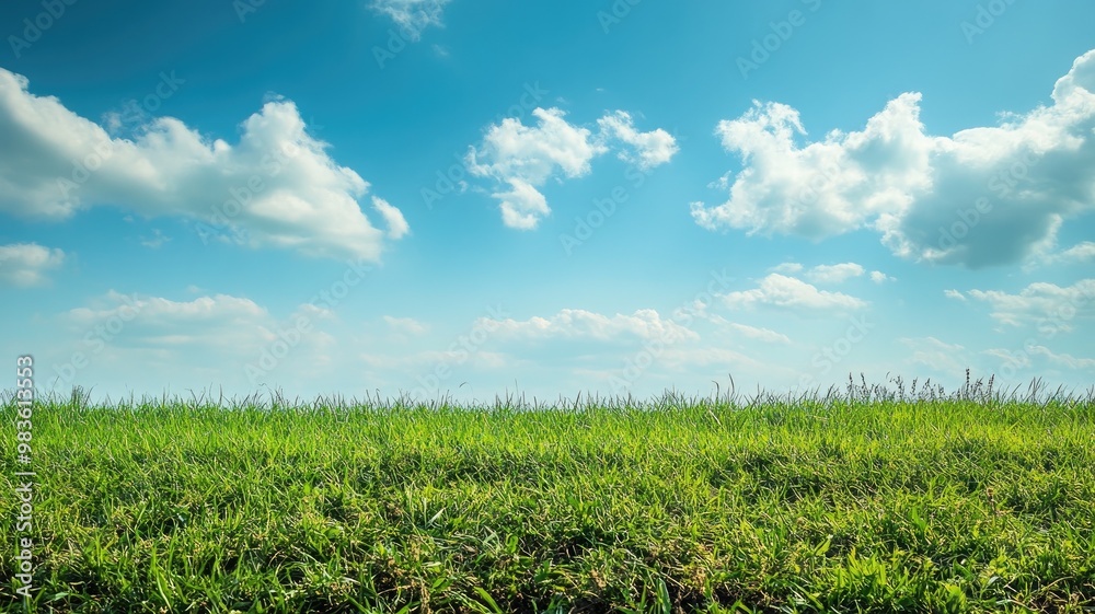 Endless grassy field under bright blue sky with scattered clouds Endless grassy field under bright blue sky with scattered clouds
