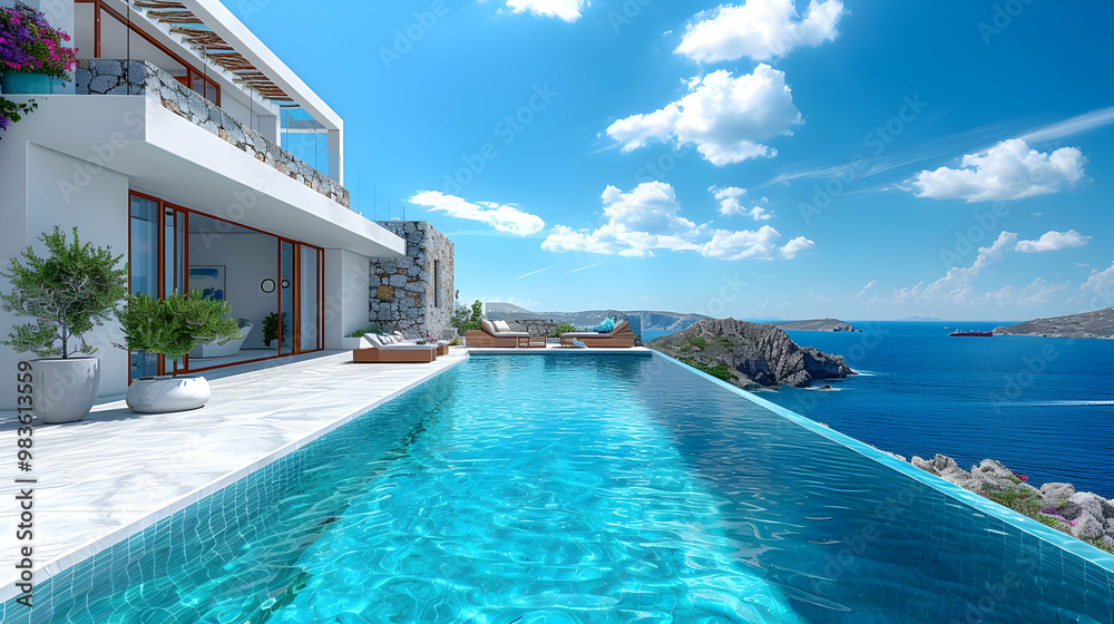 Modern White House with Infinity Pool Overlooking Sea 3D Illustration