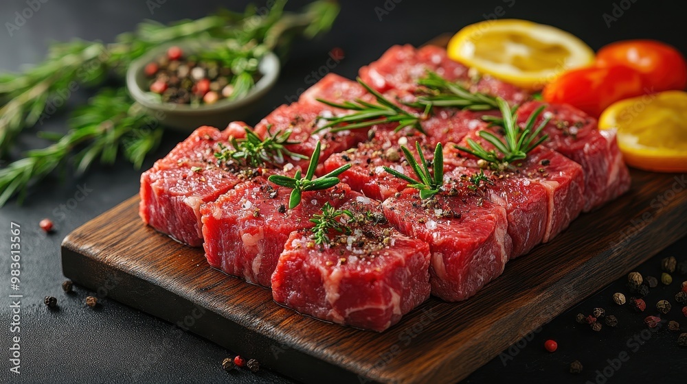 Sliced Raw Beef on Wooden Board – Isolated on Dark Background with Copy Space for Text Sliced Raw Beef on Wooden Board – Isolated on Dark Background with Copy Space for Text