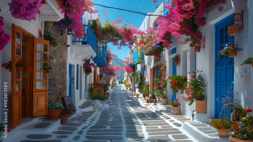 Beautiful White and Blue Buildings with Pink Flowers - Realistic Image