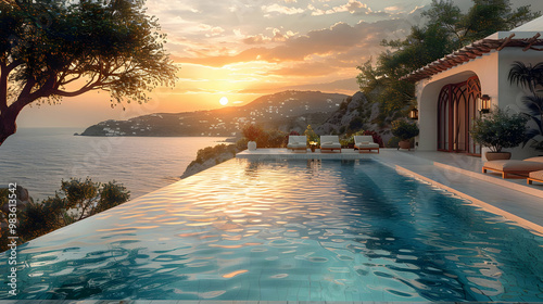 Obraz na płótnie Infinity Pool and Sunset over the Sea - 3D Illustration w salonie