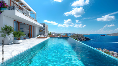 Obraz na płótnie Modern White House with Infinity Pool Overlooking Sea 3D Illustration w salonie