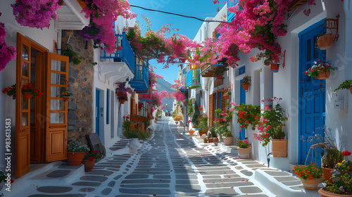 Obraz na płótnie Beautiful White and Blue Buildings with Pink Flowers - Realistic Image w salonie