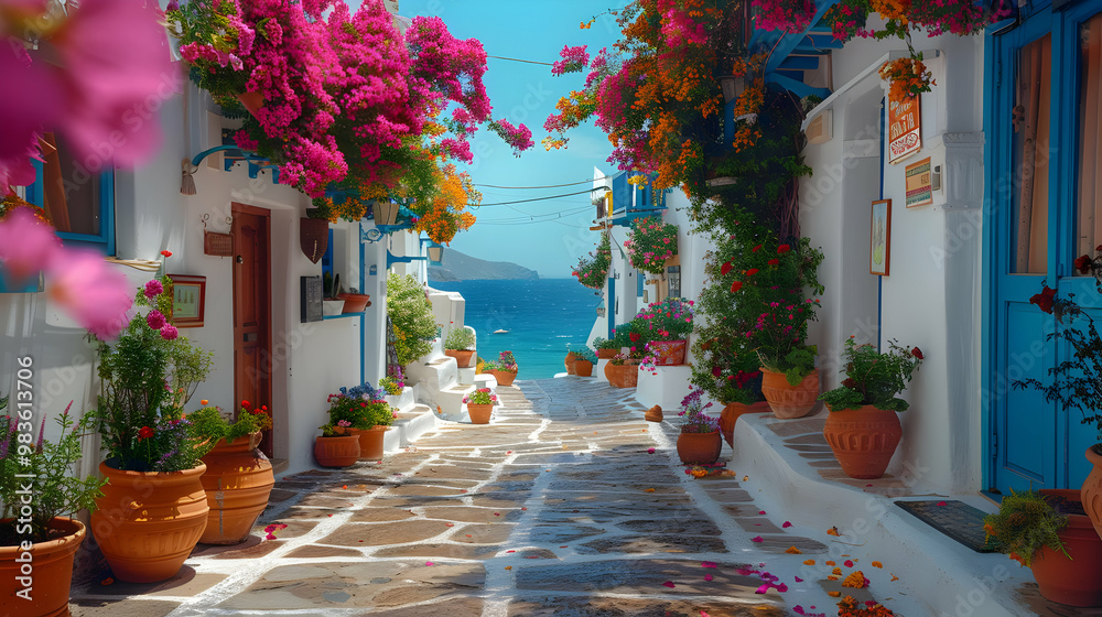 Colorful Flowers and White Buildings in a Mediterranean Town - Photo