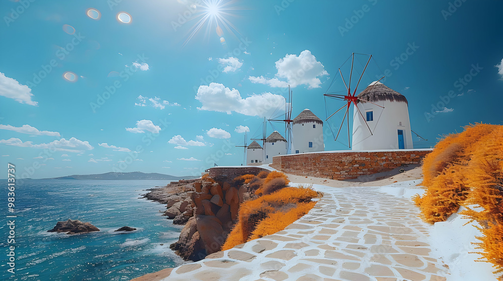 Mediterranean Coastline with Windmills Illustration