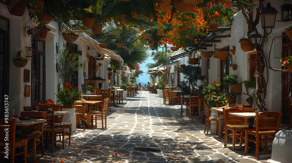 Cobblestone Street Cafe with Flower Baskets Illustration