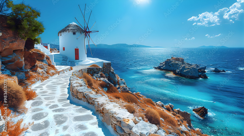 Scenic Coastal Landscape with White Windmill
