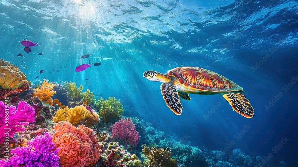 Fototapeta premium Vibrant Underwater Coral Reef Habitat with Sea Turtle Swimming