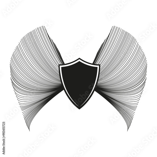 Shield with lines. Black protection emblem. Symmetrical abstract design. Vector illustration.