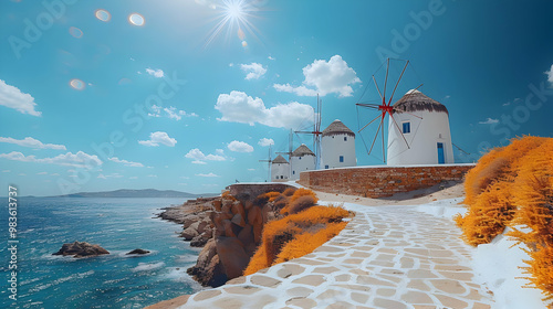 Obraz na płótnie Mediterranean Coastline with Windmills Illustration w salonie