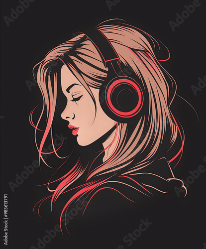 illustration of girl with headphones listening to music in vintage style on dark background