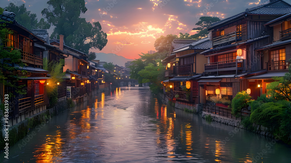 Evening Glow Over Traditional Japanese Canal - Illustration