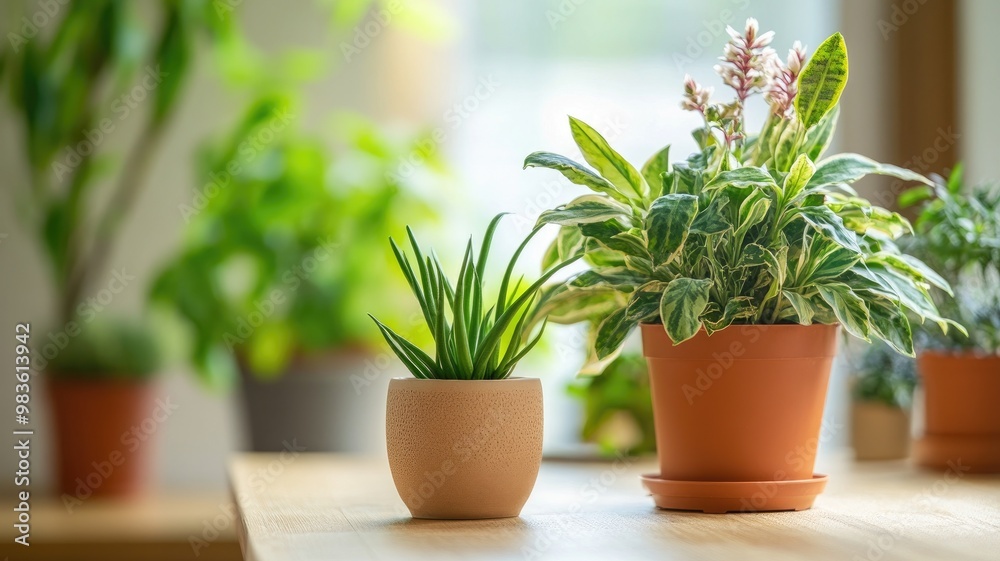 Indoor plants in terracotta pots on wooden table with blurred background Indoor plants in terracotta pots on wooden table with blurred background