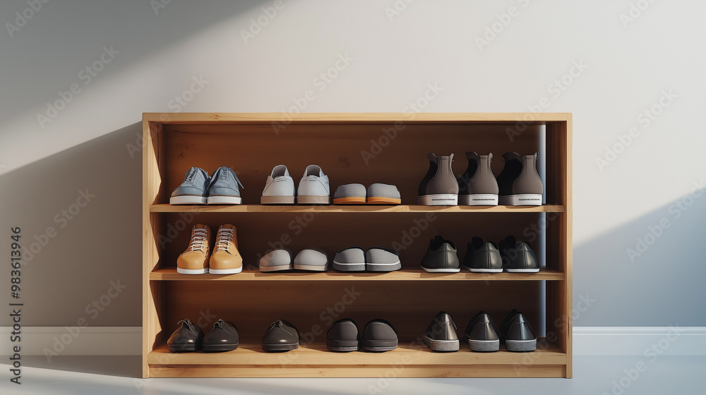a wooden shoe rack with open shelving in a mudroom with a few pairs of shoes against an isolated soft gray background a wooden shoe rack with open shelving in a mudroom with a few pairs of shoes against an isolated soft gray background