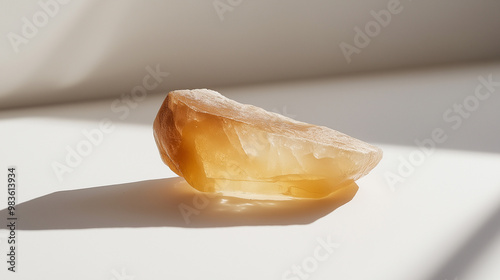 a minimalistic shot featuring a single piece of benzoin resin on a smooth white surface photo