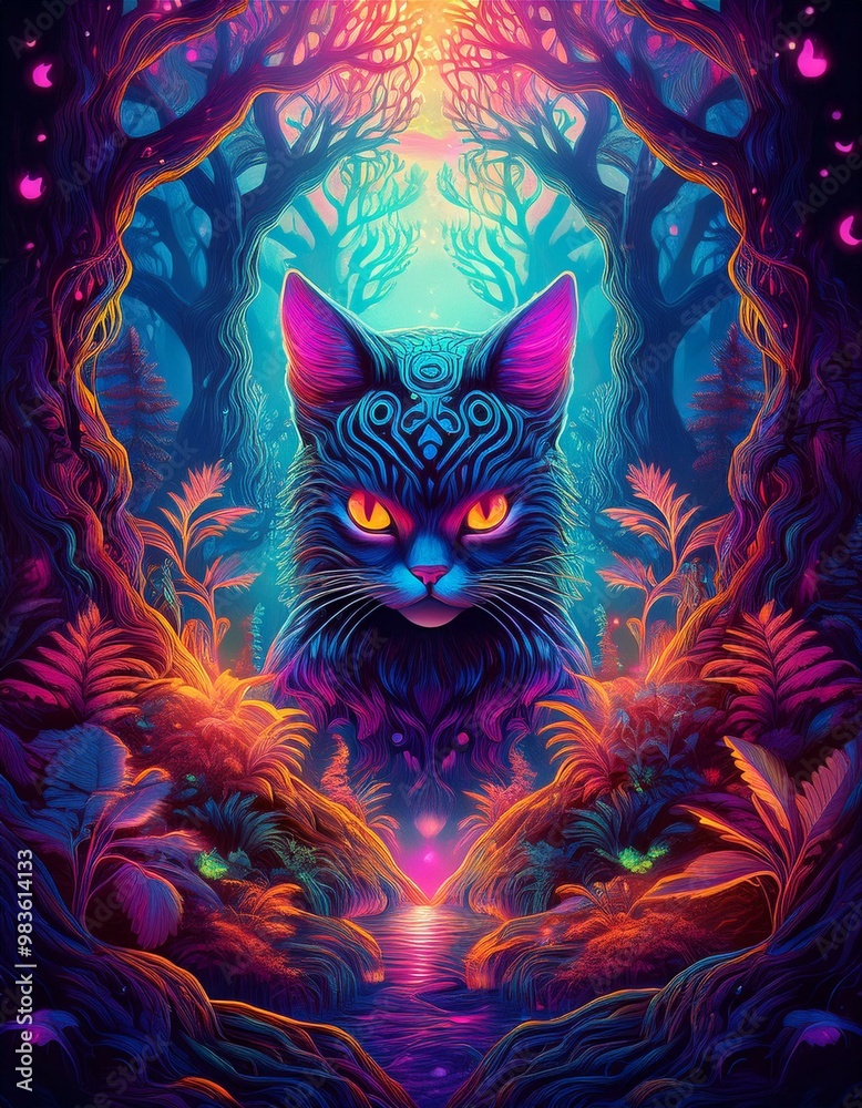 a mystical cat in an ancient forest, pop art synth-wave
