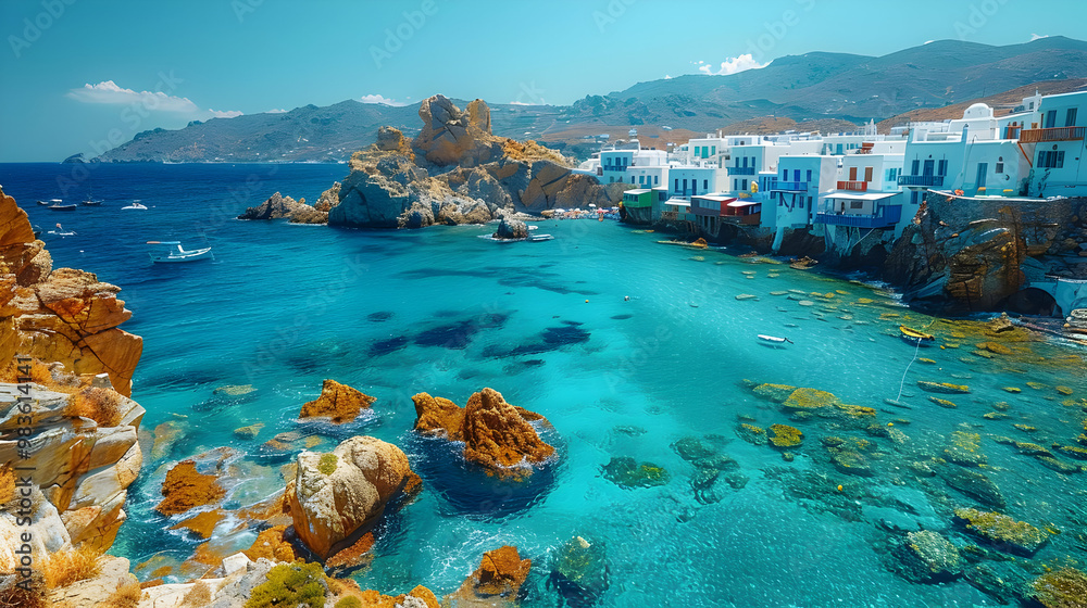 Coastal Town with White Buildings, Clear Blue Water, and Rocky Outcroppings - Photo