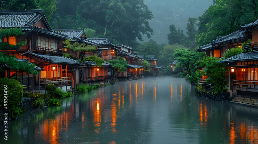 Scenic Japanese Village at Dusk with Reflections in Calm Water - Realistic Image