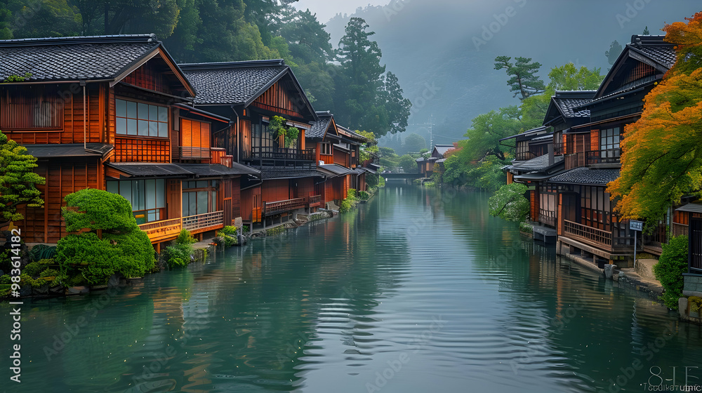 Traditional Japanese Houses Along a Calm Canal - Photo