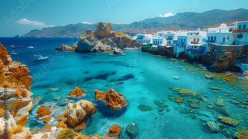 Obraz na płótnie Coastal Town with White Buildings, Clear Blue Water, and Rocky Outcroppings - Photo w salonie
