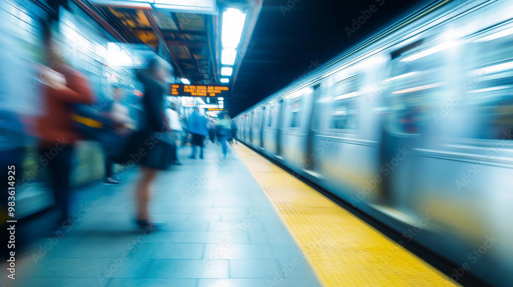 blurred photo of a busy subway platform with a train approaching with a diverse crowd of people waiting, out of focus and blurry