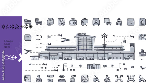 Airport Line Editable Icons set Vector illustration in modern thin line style of air station related icons: departure and arrival areas, passport control, luggage, and more. Isolated on white