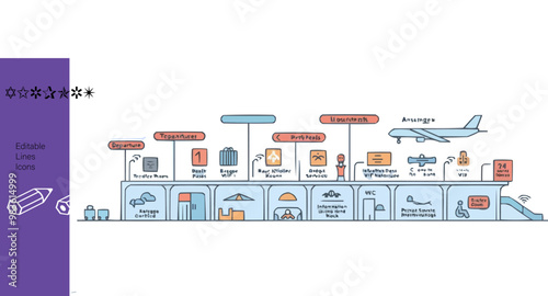 Airport Line Editable Icons set Vector illustration in modern thin line style of air station related icons: departure and arrival areas, passport control, luggage, and more. Isolated on white