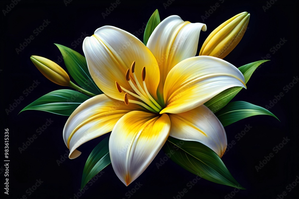 Elegant White Lily and Vanilla Pods Illustration Realistic Botanical Art on Black Background