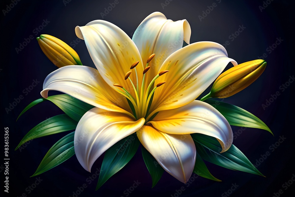 Elegant White Lily and Vanilla Pods Illustration Realistic Botanical Art on Black Background Elegant White Lily and Vanilla Pods Illustration Realistic Botanical Art on Black Background