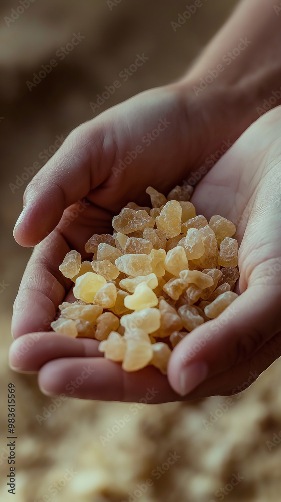 a pair of hands gently holding a handful of frankincense resin against a soft, neutral background a pair of hands gently holding a handful of frankincense resin against a soft, neutral background