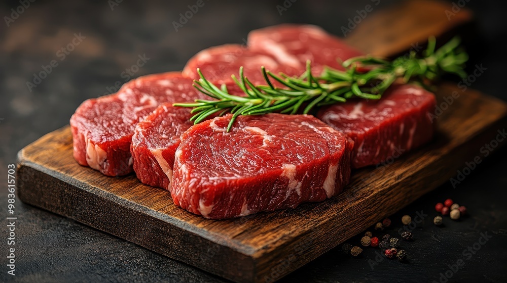 Close-Up of Sliced Raw Beef on Wooden Board Garnished with Rosemary – Ready for Cooking