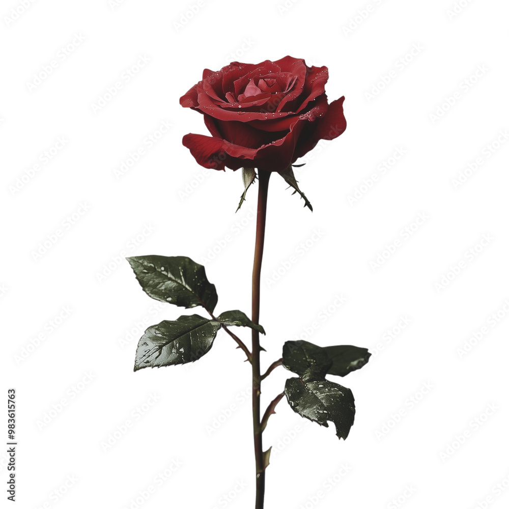 Obraz premium Single red rose with a tall stem, isolated on a transparent background