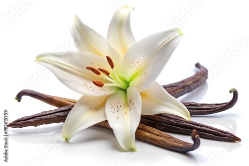 Elegant White Lily and Vanilla Pods Illustration Realistic Botanical Art on Black Background