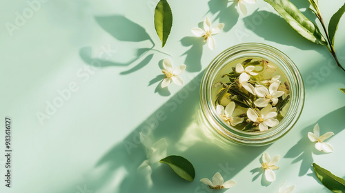 a small jar of jasmine green tea leaves with dried jasmine flowers scattered around against an isolated pale green background