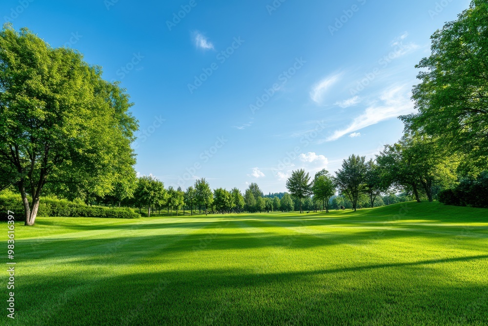 Fototapeta premium Green Grass Field with Blue Sky and Trees