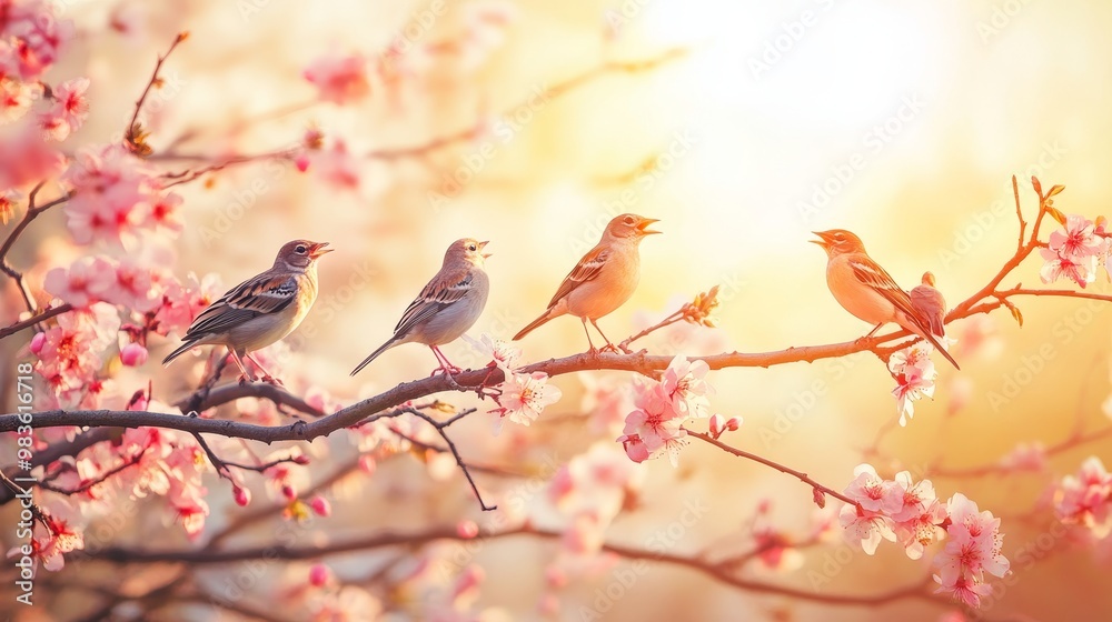 Joyful birds singing on blossoming tree branches with sunlight in beautiful spring season setting Joyful birds singing on blossoming tree branches with sunlight in beautiful spring season setting
