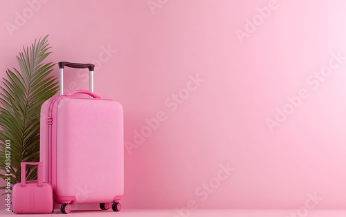 Pink suitcase and small luggage bag against a pink wall with a green plant.