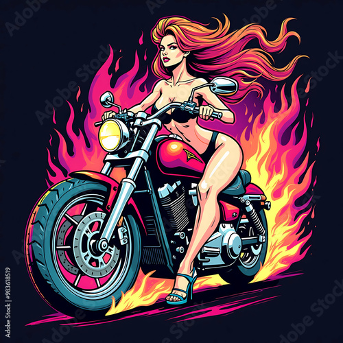 Illustration of a sexy and beautiful pin up girl with a motorbike on a dark background.