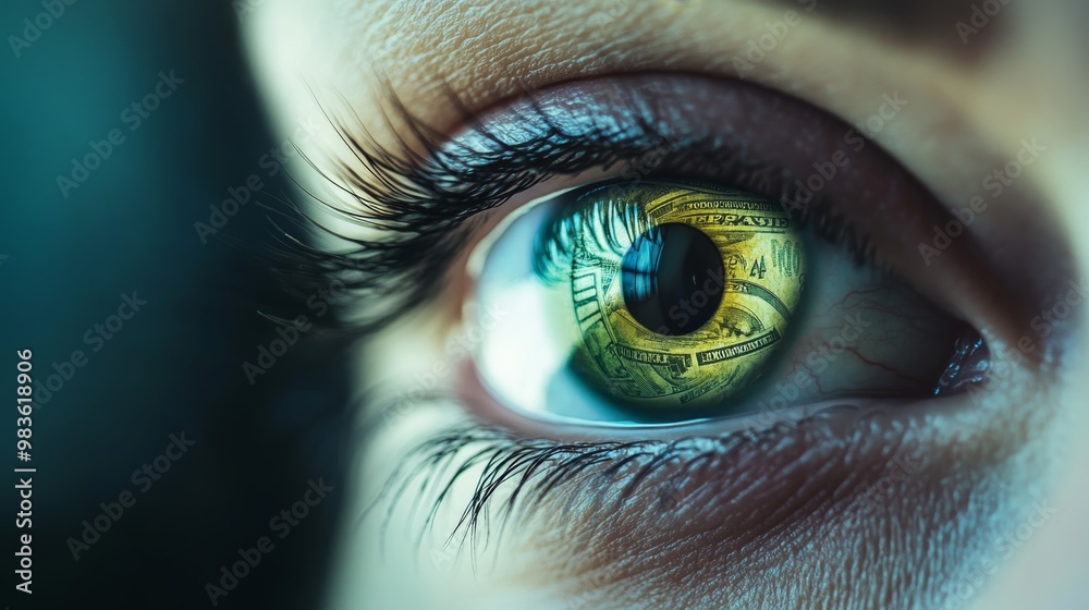 Fototapeta premium Conceptual image of a person s eye reflecting money in the iris, symbolizing greed and corruption