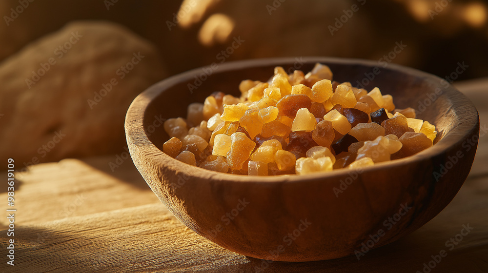 a composition featuring myrrh resin arranged in a bowl made of natural materials like wood or clay, with soft lighting enhancing the warm, earthy tones of the scene a composition featuring myrrh resin arranged in a bowl made of natural materials like wood or clay, with soft lighting enhancing the warm, earthy tones of the scene