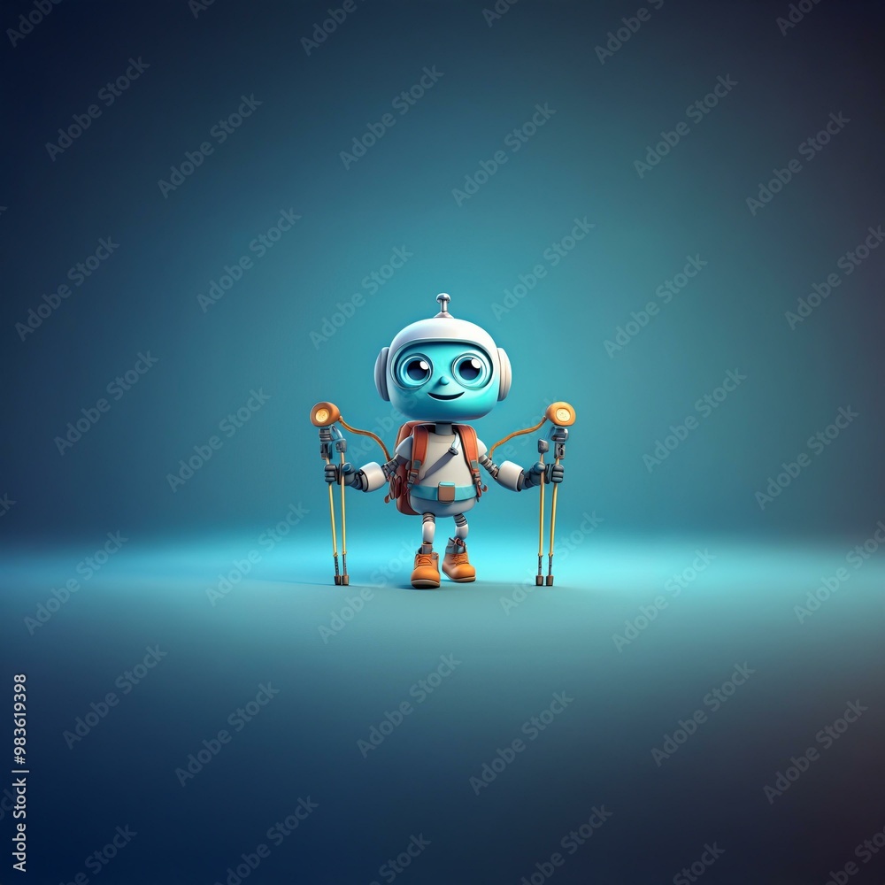 A cheerful blue robot with big eyes is wearing a backpack and hiking boots. The robot is holding two hiking poles. A cheerful blue robot with big eyes is wearing a backpack and hiking boots. The robot is holding two hiking poles.