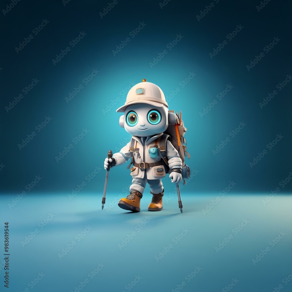 A small, white robot with big blue eyes and a backpack walks on a blue background with hiking poles in hand. A small, white robot with big blue eyes and a backpack walks on a blue background with hiking poles in hand.